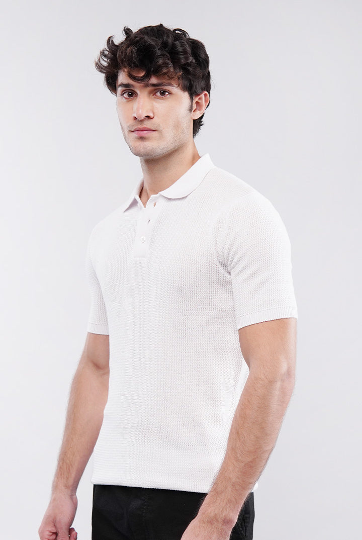 Knitted Polo Shirt - White - Mendeez