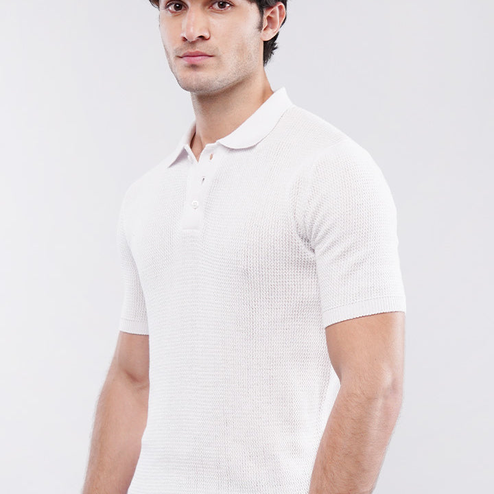 Knitted Polo Shirt - White - Mendeez