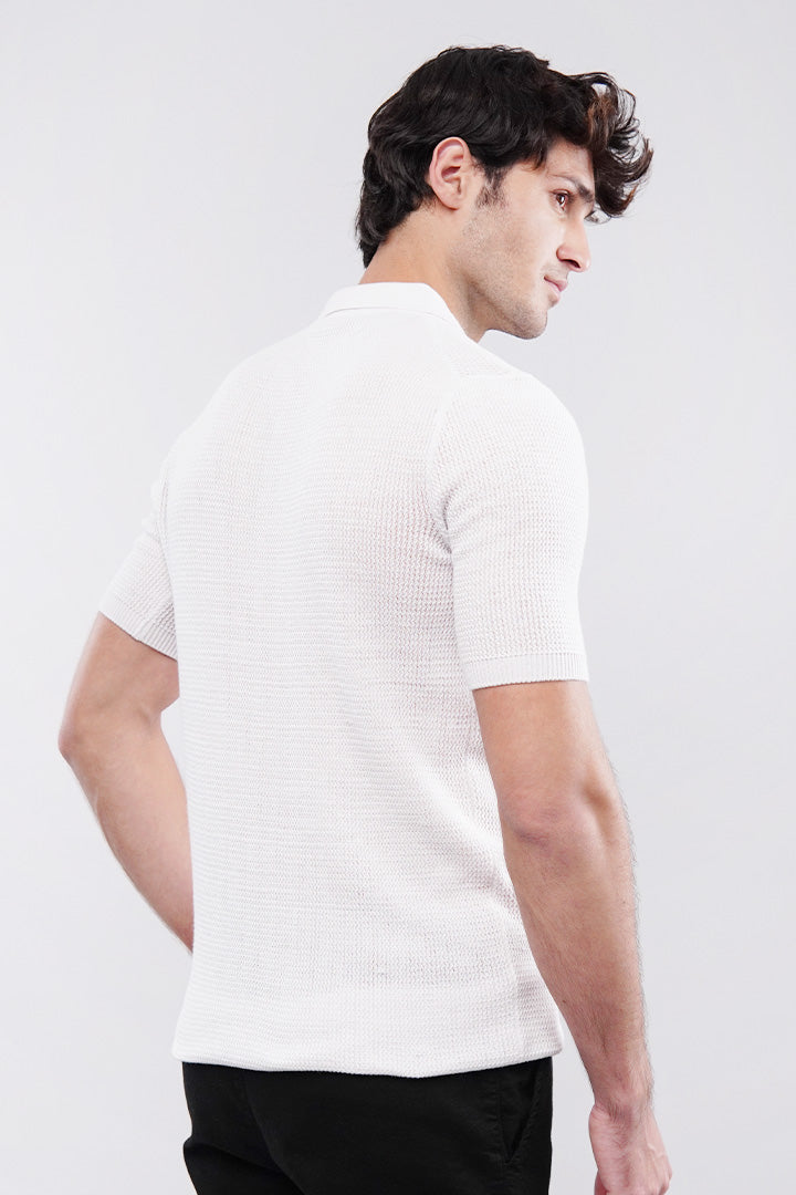 Knitted Polo Shirt - White - Mendeez