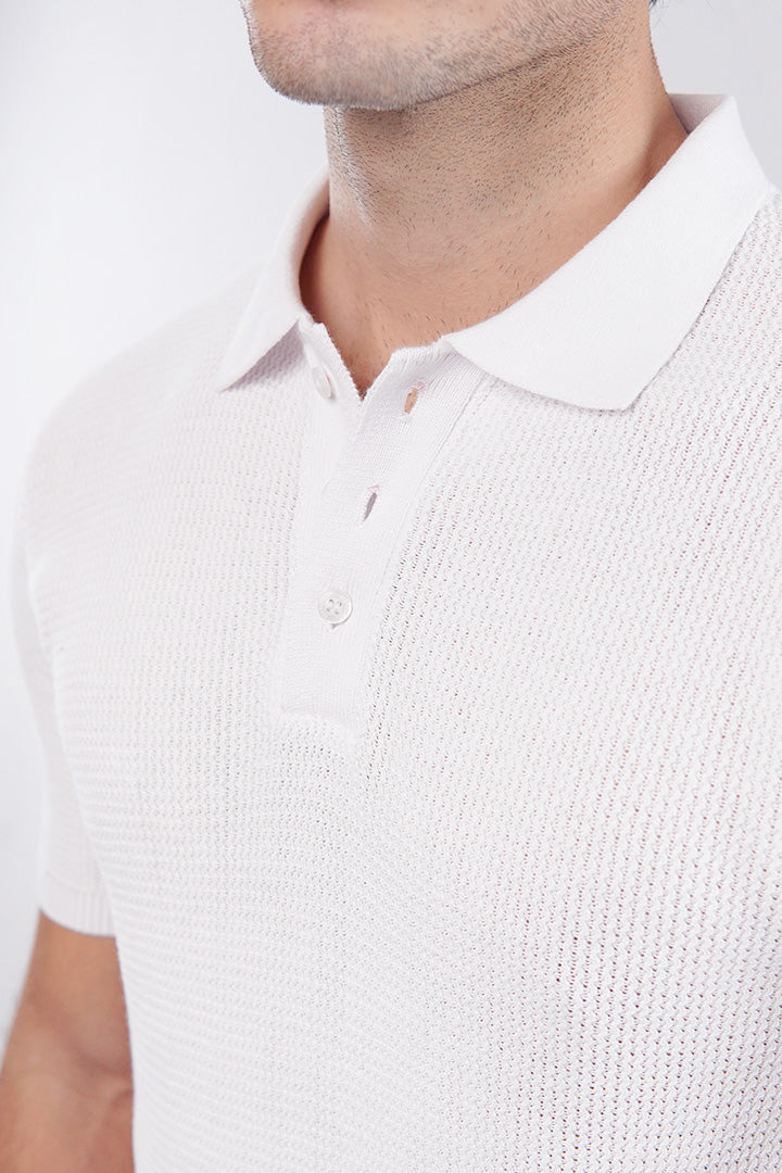 Knitted Polo Shirt - White - Mendeez