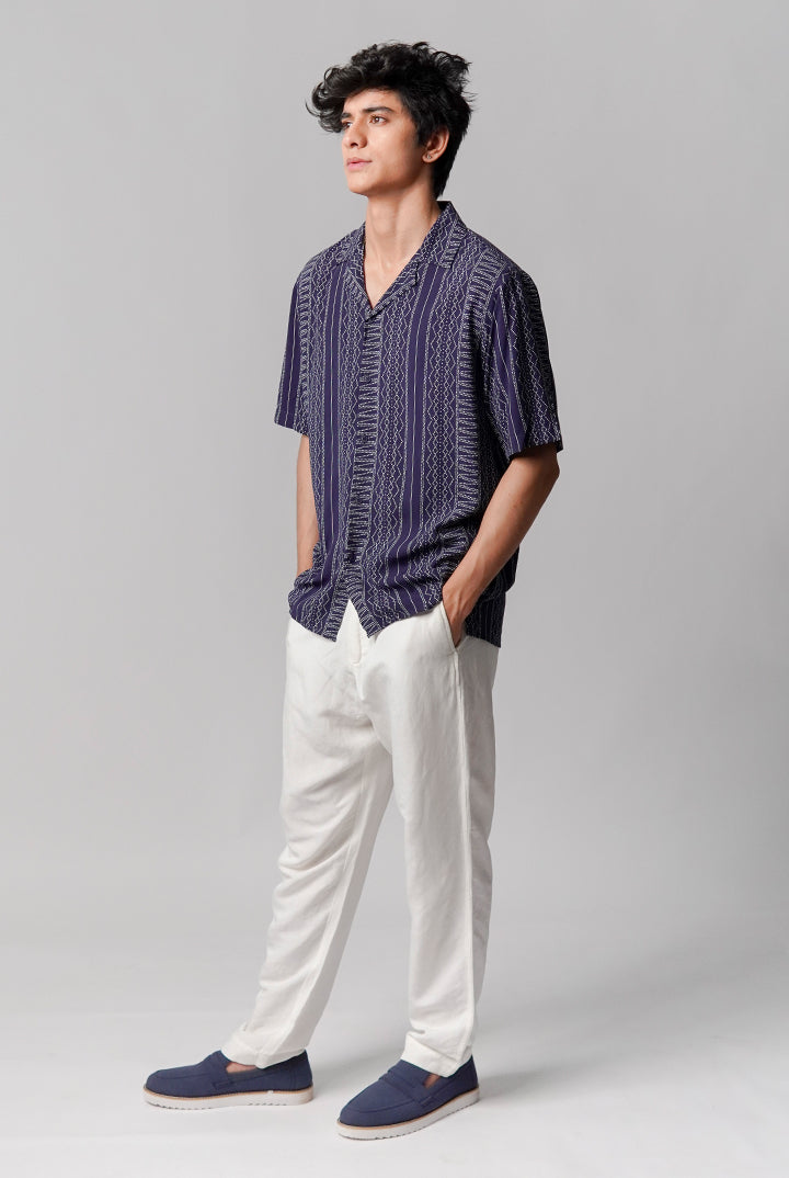 Printed Linen Cuban Shirt - Navy Blue - Mendeez