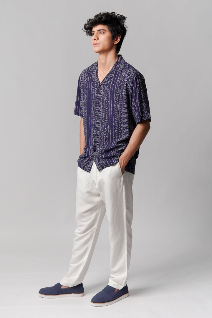 Printed Linen Cuban Shirt - Navy Blue - Mendeez
