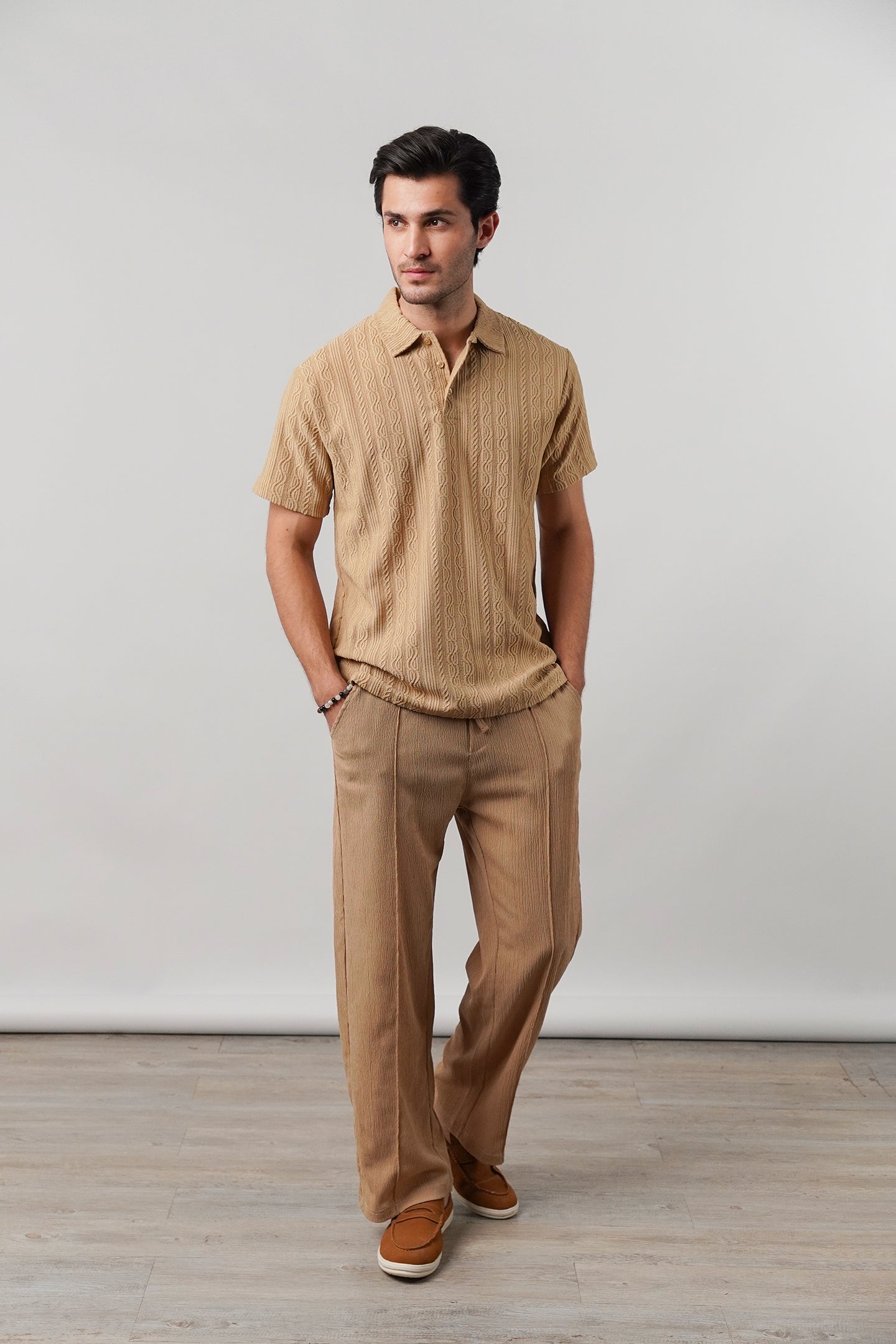 Knitted Polo Shirt - Camel Brown - Mendeez