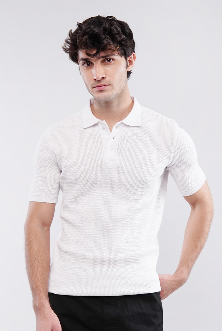 Knitted Polo Shirt - White - Mendeez