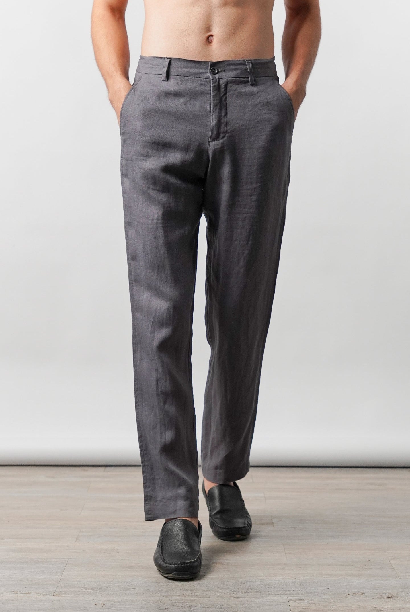Straight Fit Linen Pants - Grey - Mendeez