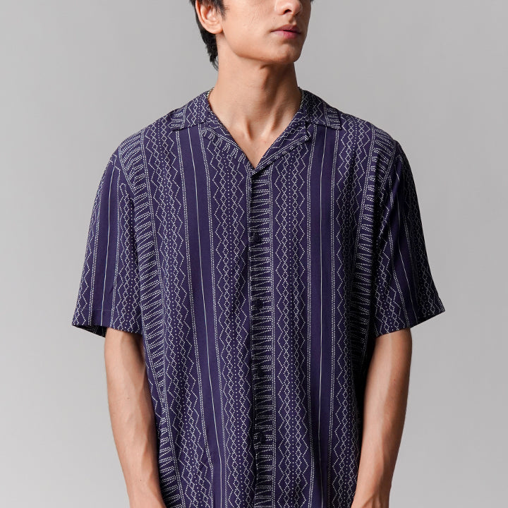 Printed Linen Cuban Shirt - Navy Blue - Mendeez