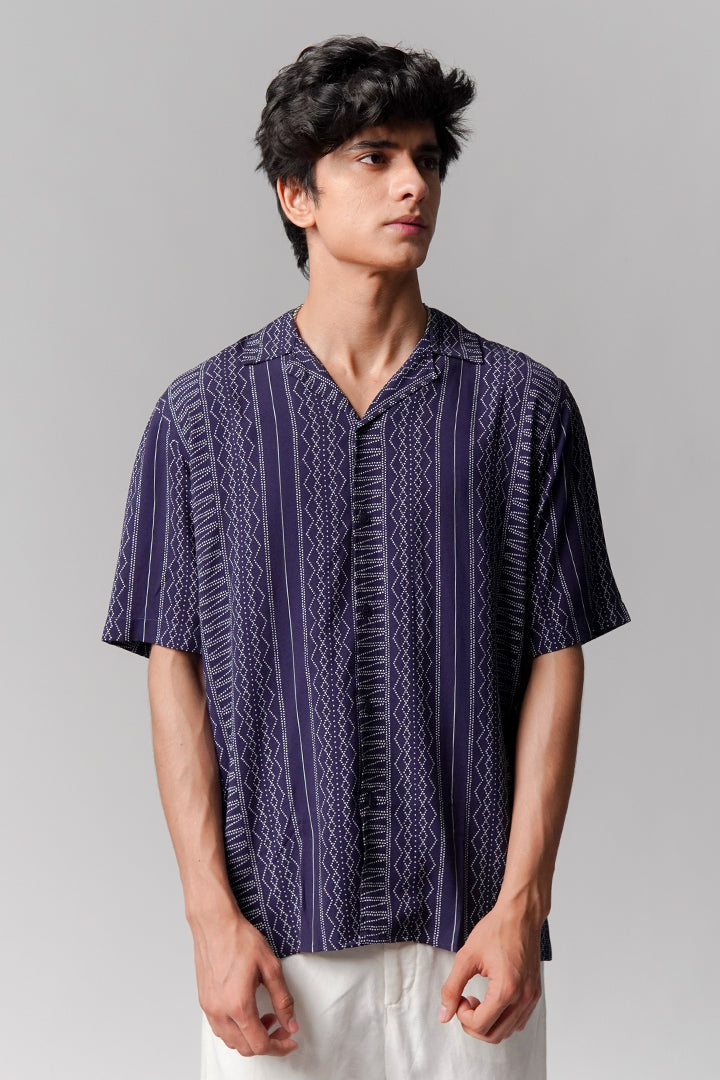Printed Linen Cuban Shirt - Navy Blue - Mendeez