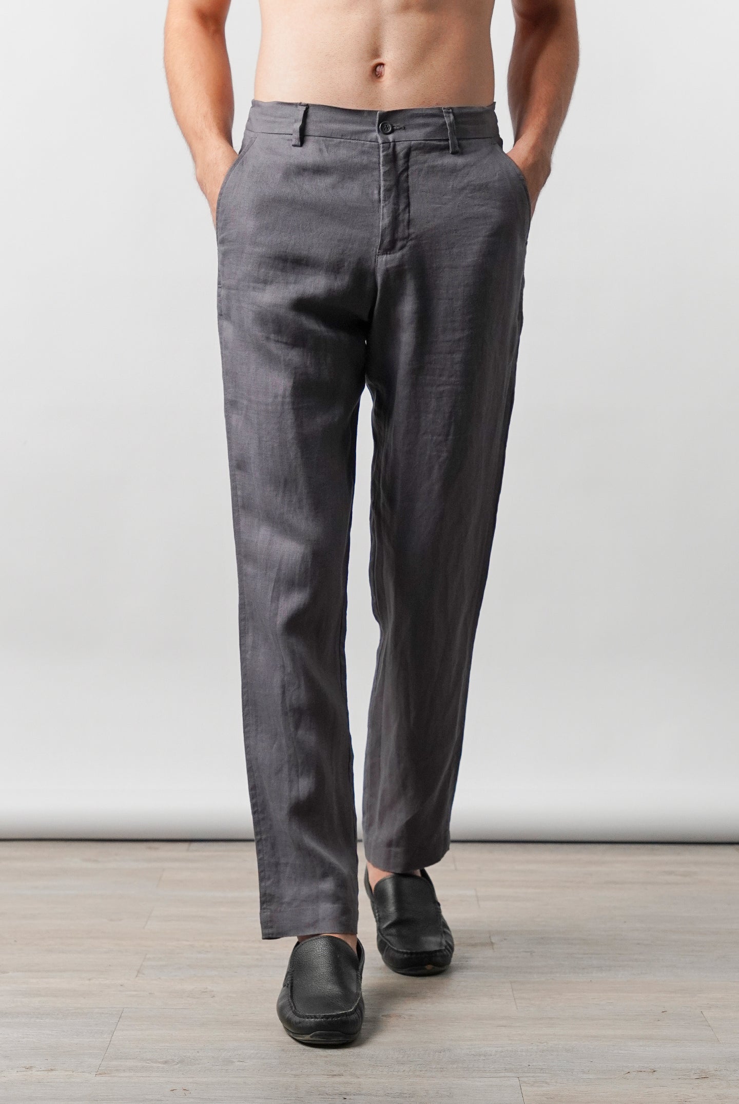 Straight Fit Linen Pants - Grey - Mendeez