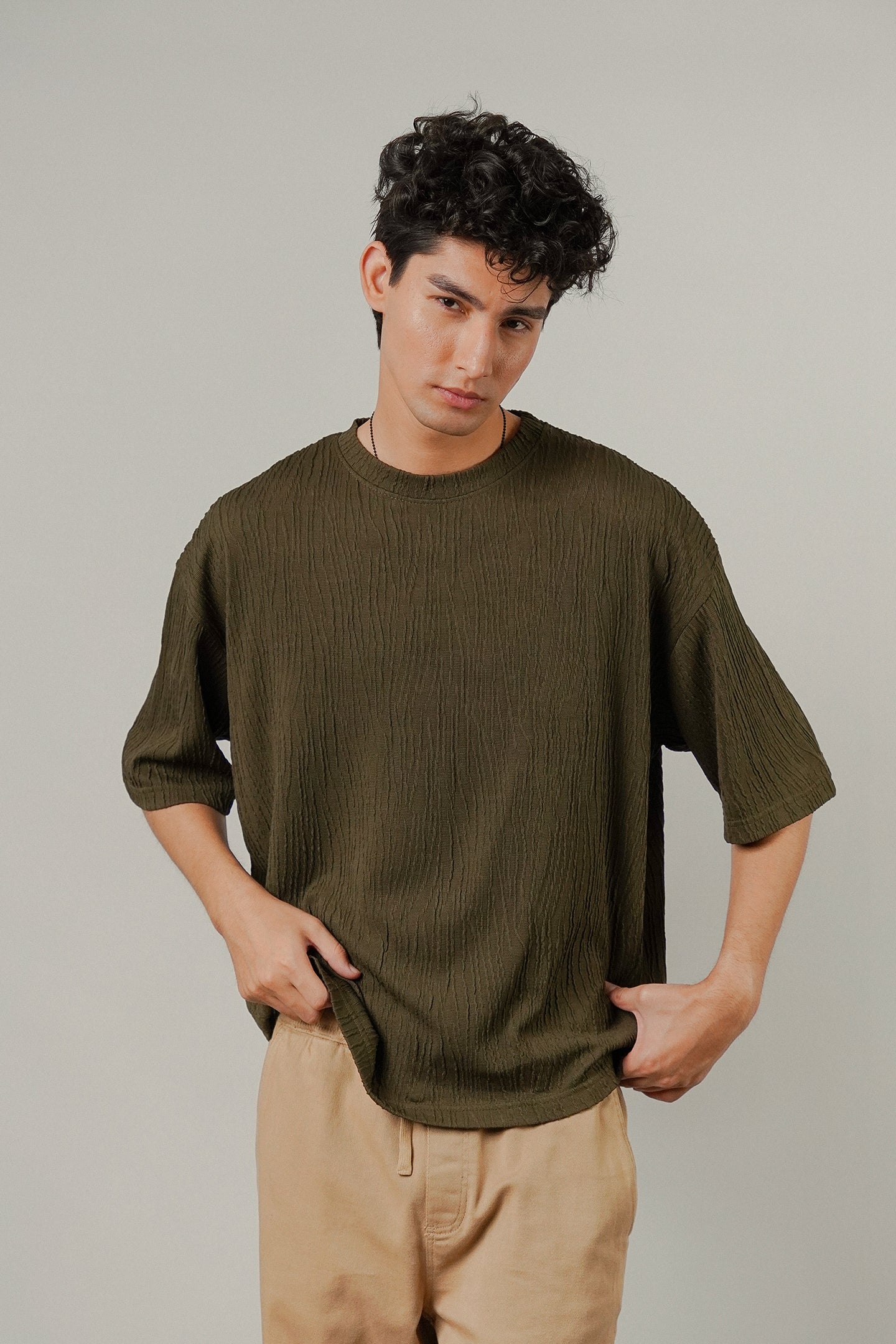 Oversized Textured Tee - Olive Green - Mendeez