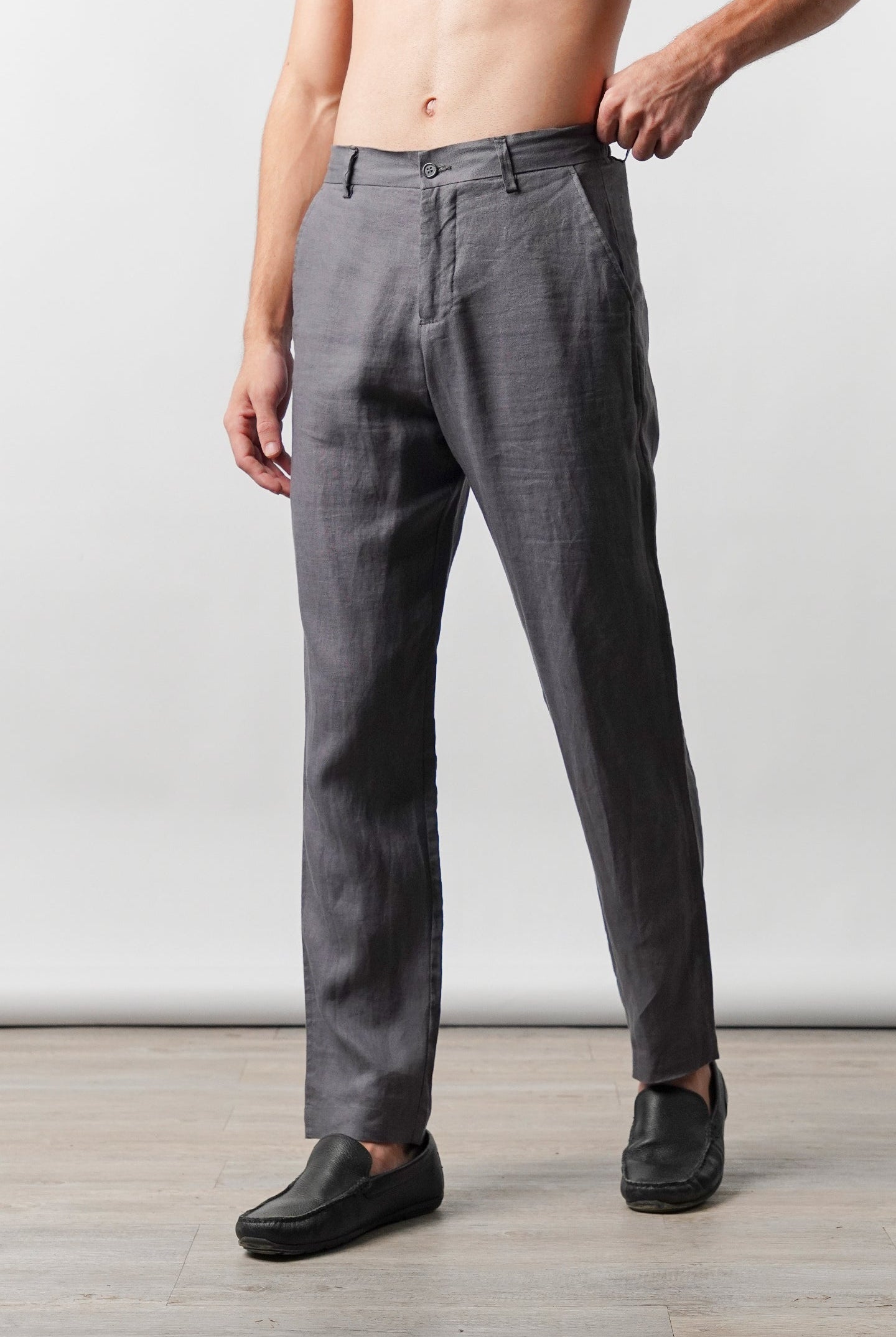 Straight Fit Linen Pants - Grey - Mendeez