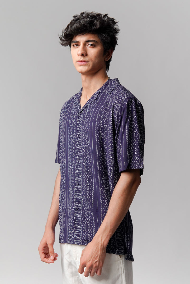 Printed Linen Cuban Shirt - Navy Blue - Mendeez