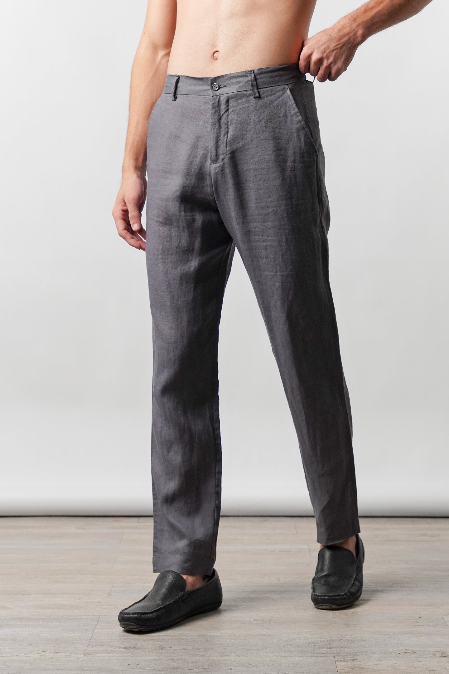 Straight Fit Linen Pants - Grey - Mendeez