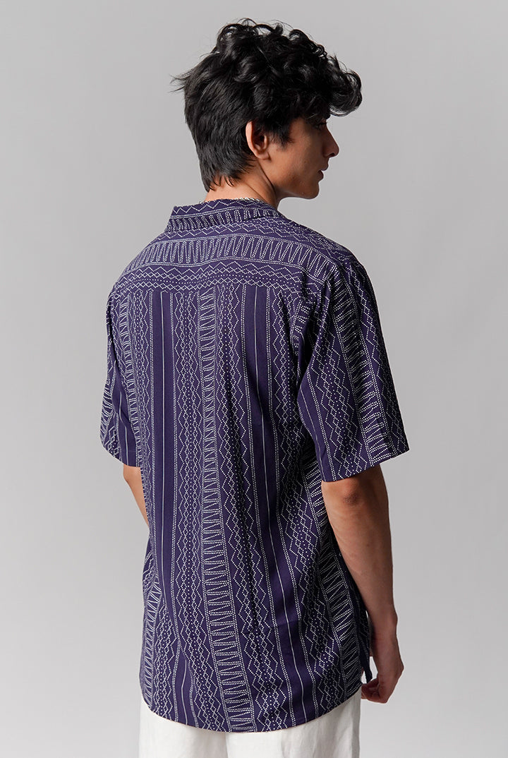 Printed Linen Cuban Shirt - Navy Blue - Mendeez