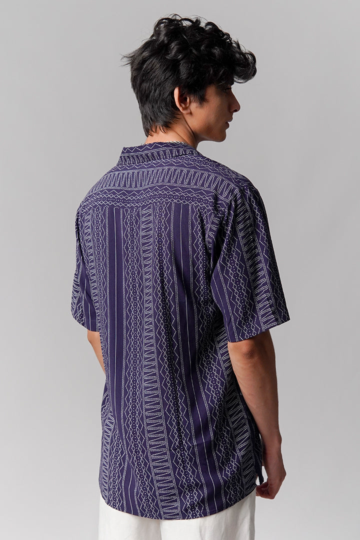 Printed Linen Cuban Shirt - Navy Blue - Mendeez