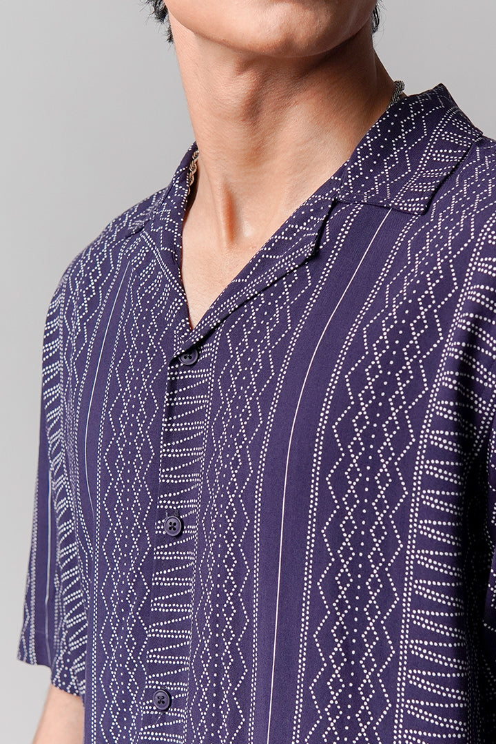 Printed Linen Cuban Shirt - Navy Blue - Mendeez