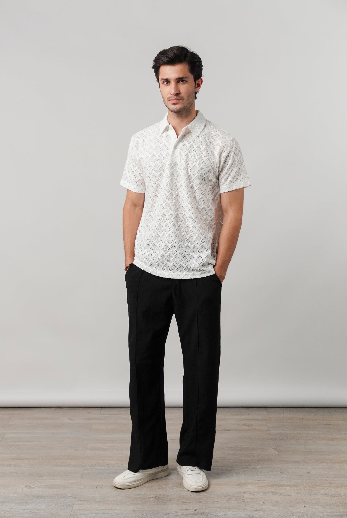 Knitted Polo Shirt - White - Mendeez