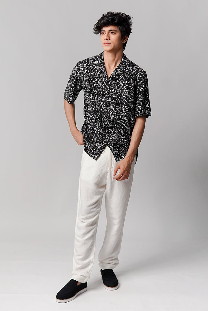 Printed Linen Cuban Shirt -Black - Mendeez