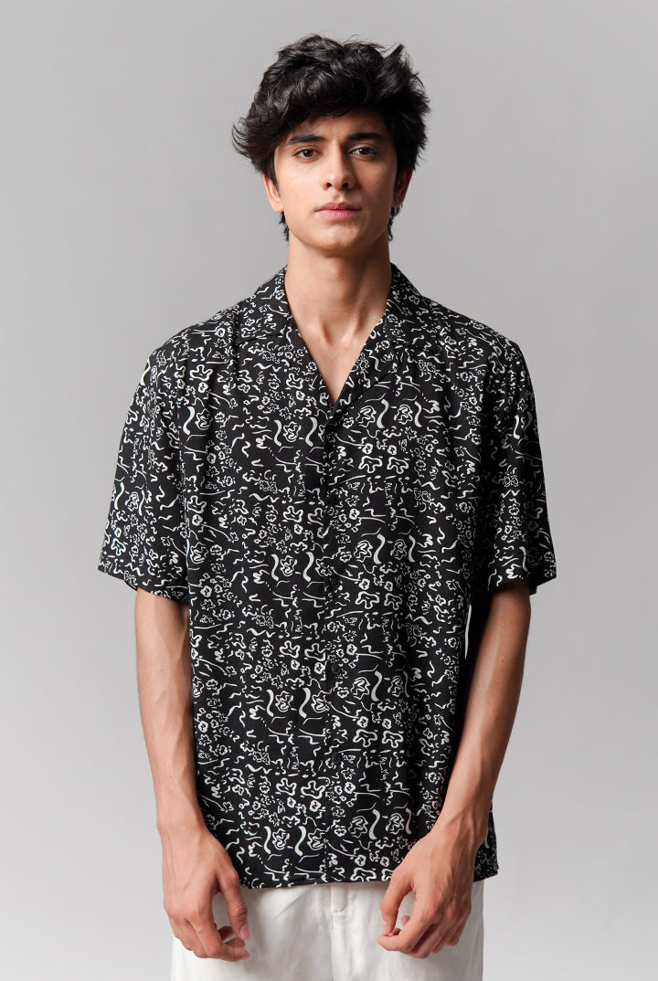 Printed Linen Cuban Shirt -Black - Mendeez