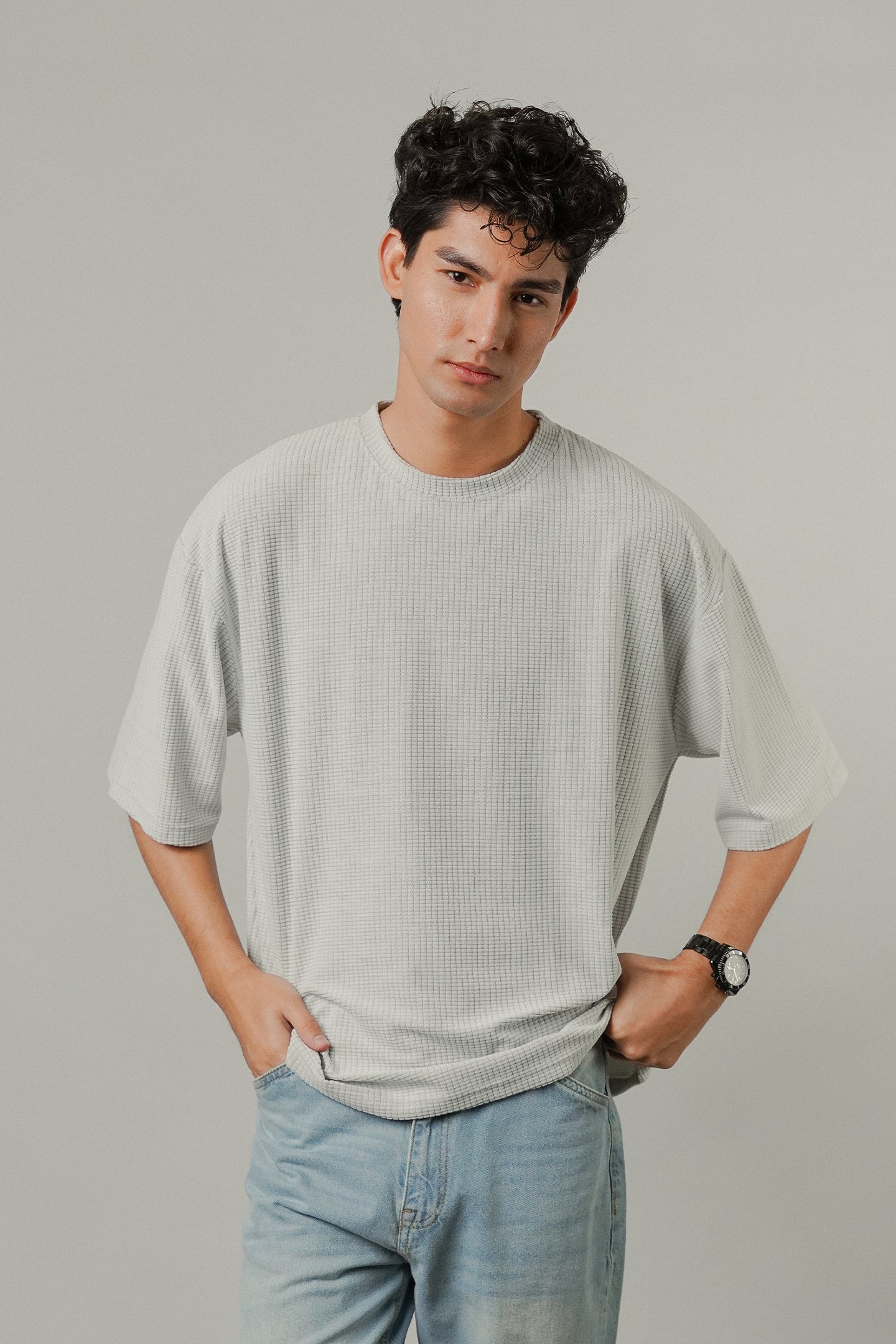 Oversized Knitted Tee - Light Grey - FA - Mendeez