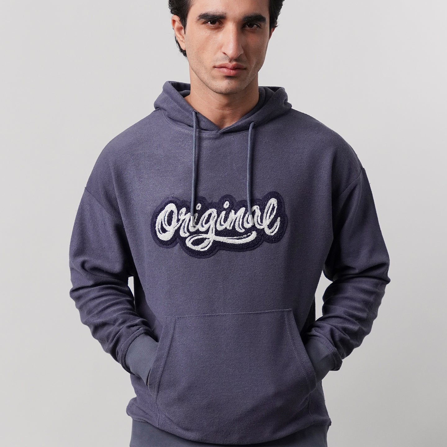 Pullover Embroidered Hoodie - Greyish Blue - Mendeez