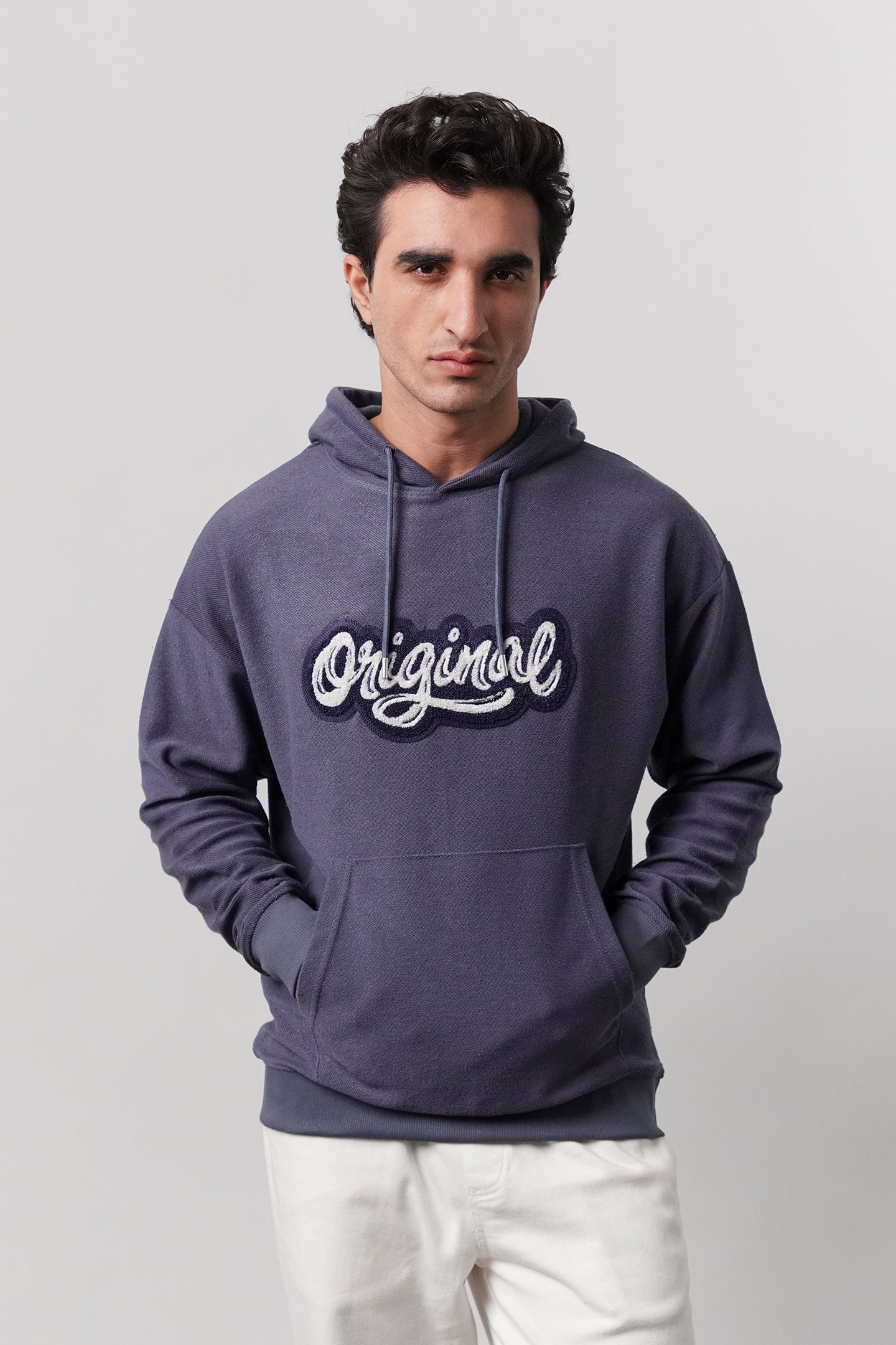 Pullover Embroidered Hoodie - Greyish Blue - Mendeez