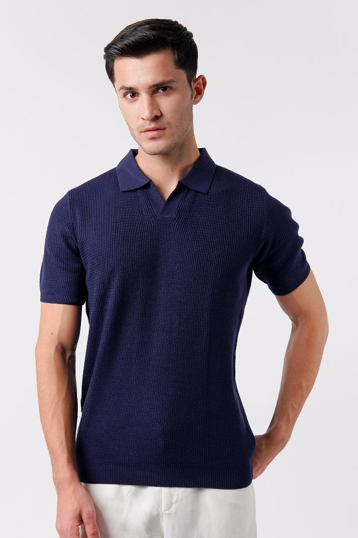 Johnny Collar Knit Polo Shirt - Navy Blue - Mendeez
