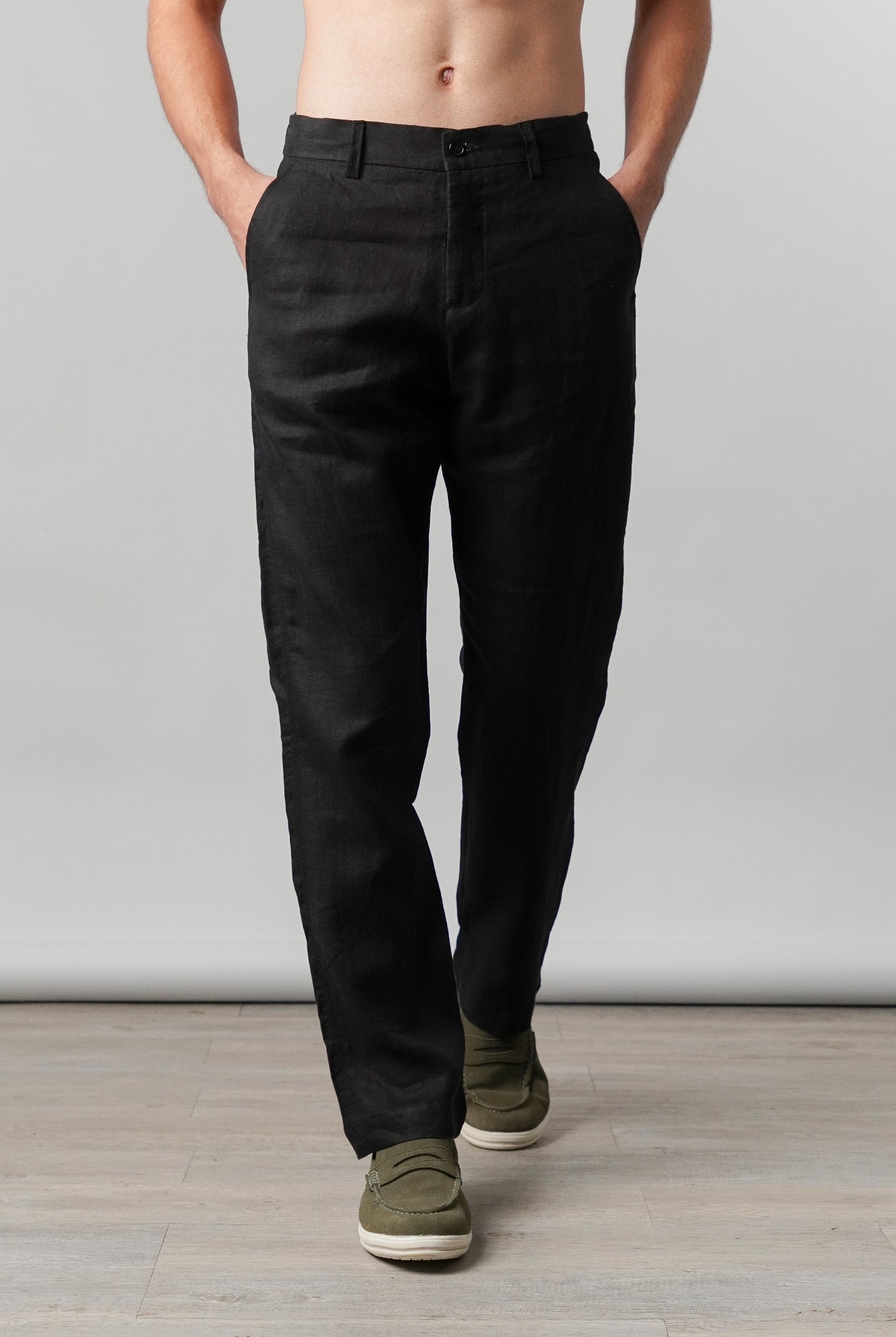 Straight Fit Linen Pants - Black - Mendeez