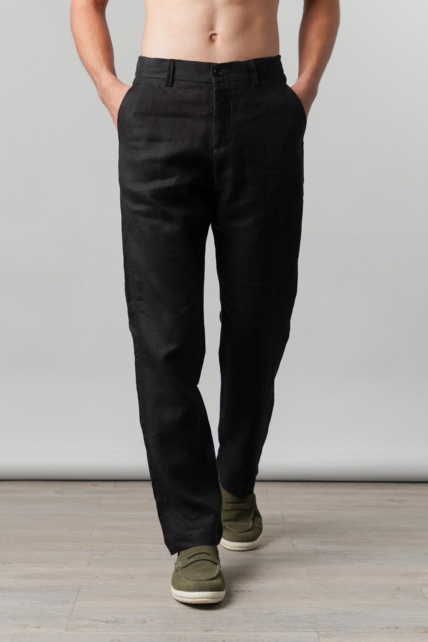 Straight Fit Linen Pants - Black - Mendeez