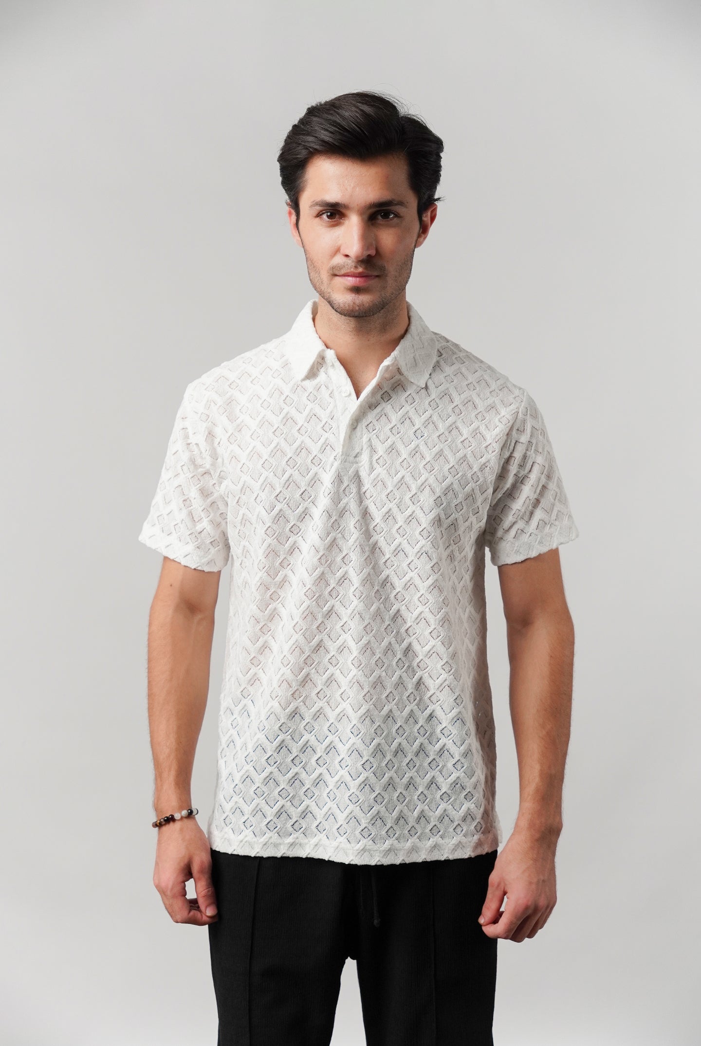 Knitted Polo Shirt - White - Mendeez