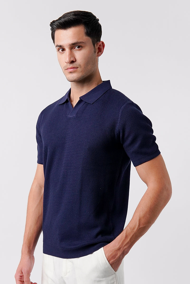 Johnny Collar Knit Polo Shirt - Navy Blue - Mendeez