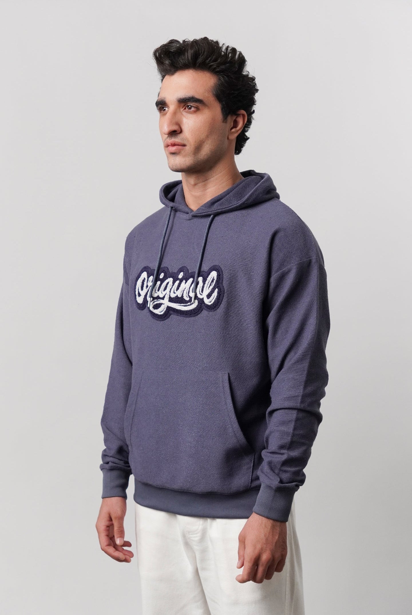 Pullover Embroidered Hoodie - Greyish Blue - Mendeez