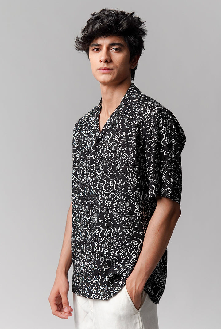 Printed Linen Cuban Shirt -Black - Mendeez