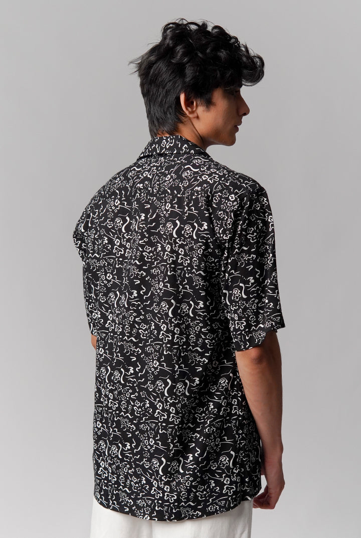 Printed Linen Cuban Shirt -Black - Mendeez