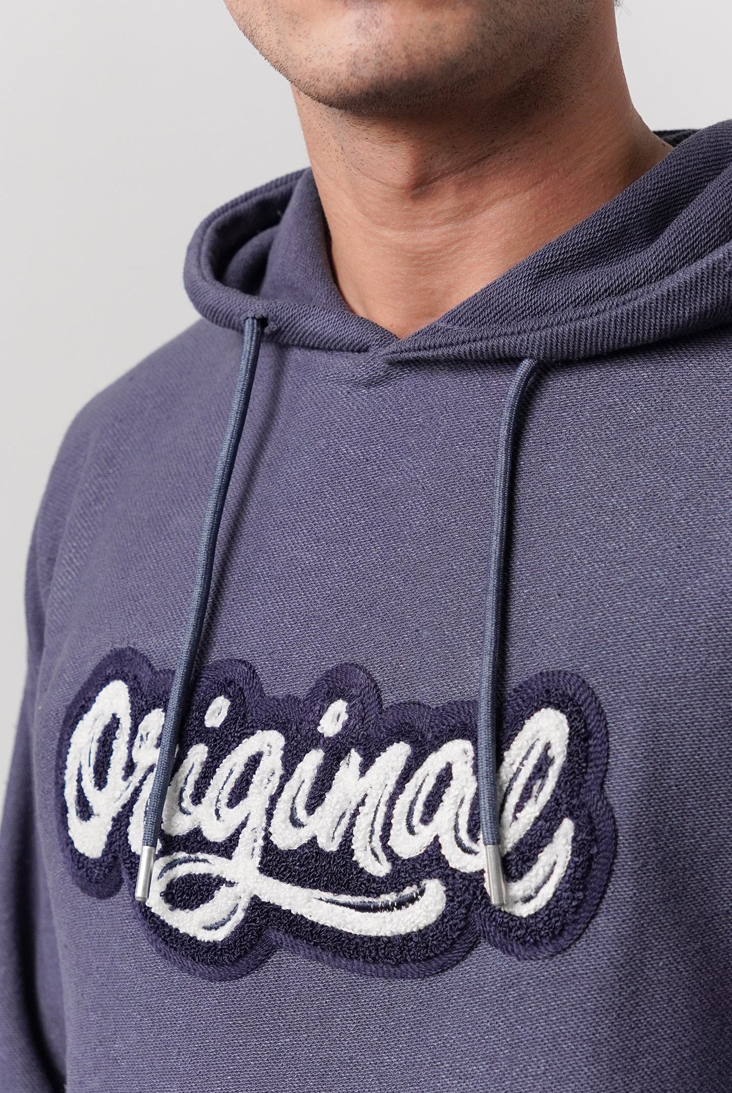 Pullover Embroidered Hoodie - Greyish Blue - Mendeez