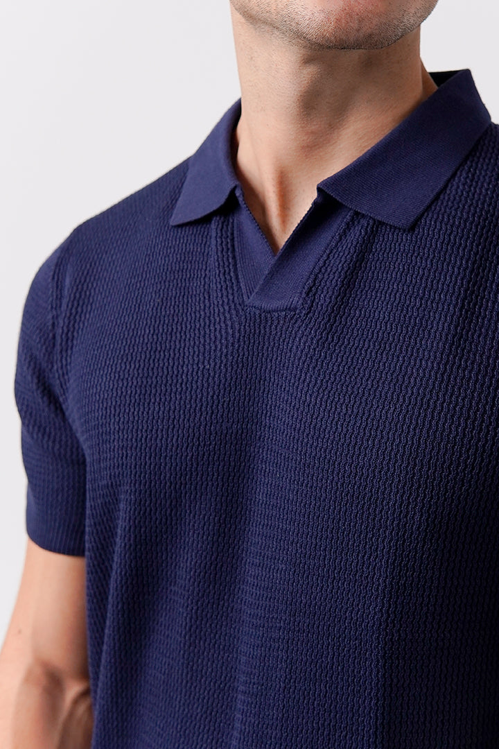 Johnny Collar Knit Polo Shirt - Navy Blue - Mendeez