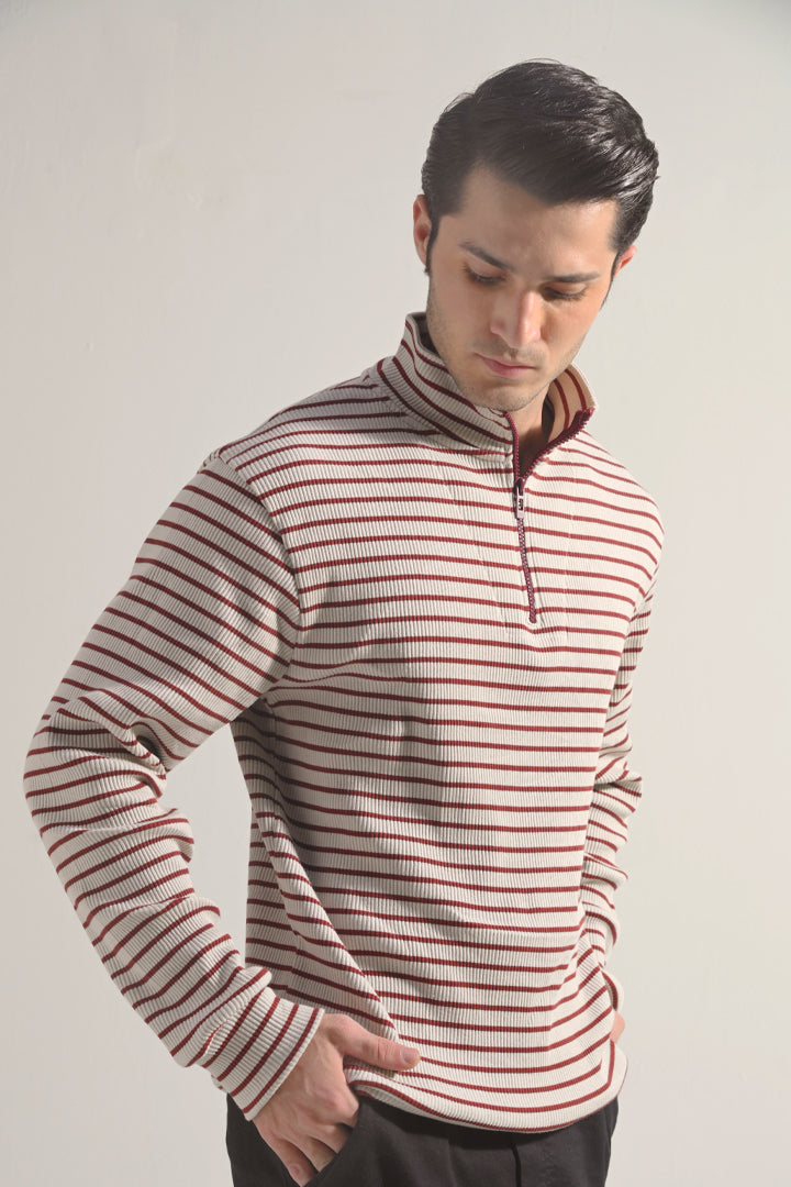 Striped Half Zipper Sweatshirt - Beige - Mendeez