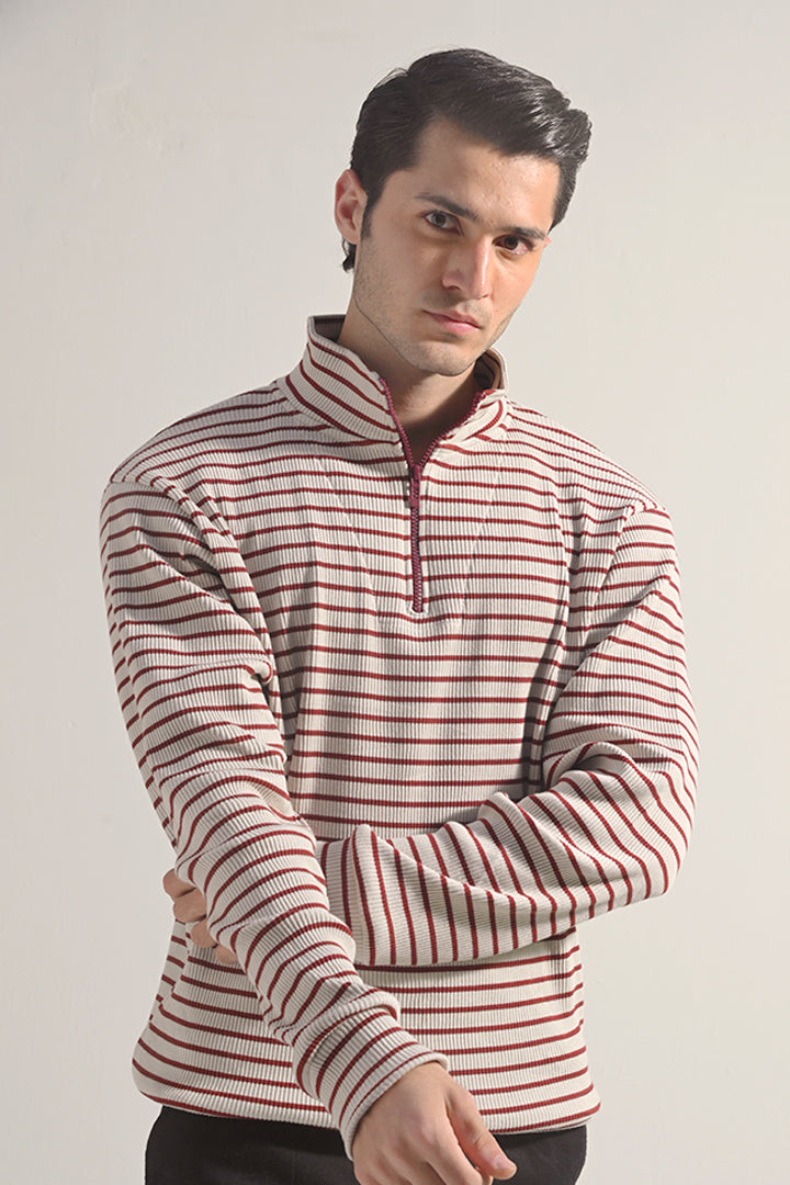 Striped Half Zipper Sweatshirt - Beige - Mendeez