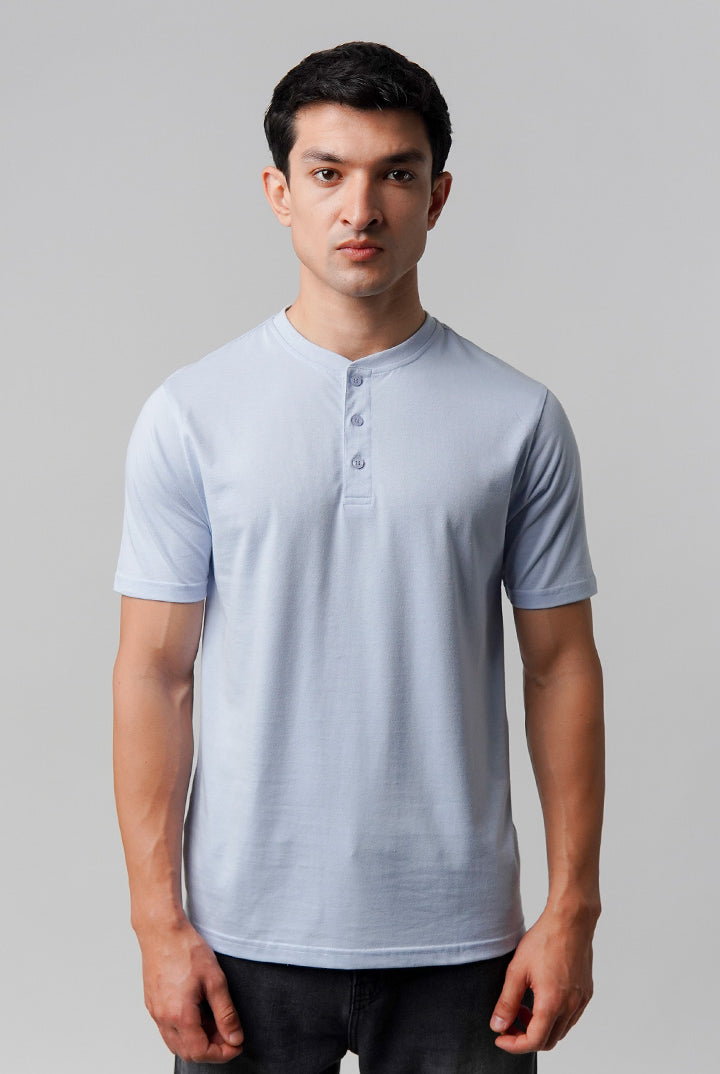 Regular Fit Henley T-Shirt - Sky Blue - Mendeez