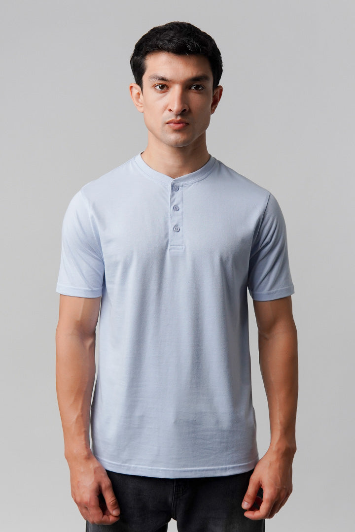Regular Fit Henley T-Shirt - Sky Blue - Mendeez