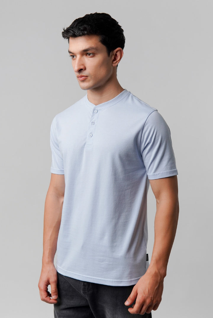 Regular Fit Henley T-Shirt - Sky Blue - Mendeez
