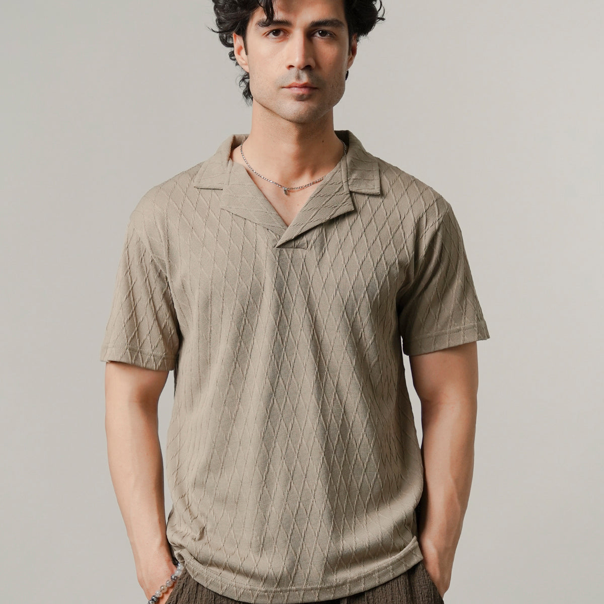 Cuban Collar Polo - Beige - Mendeez