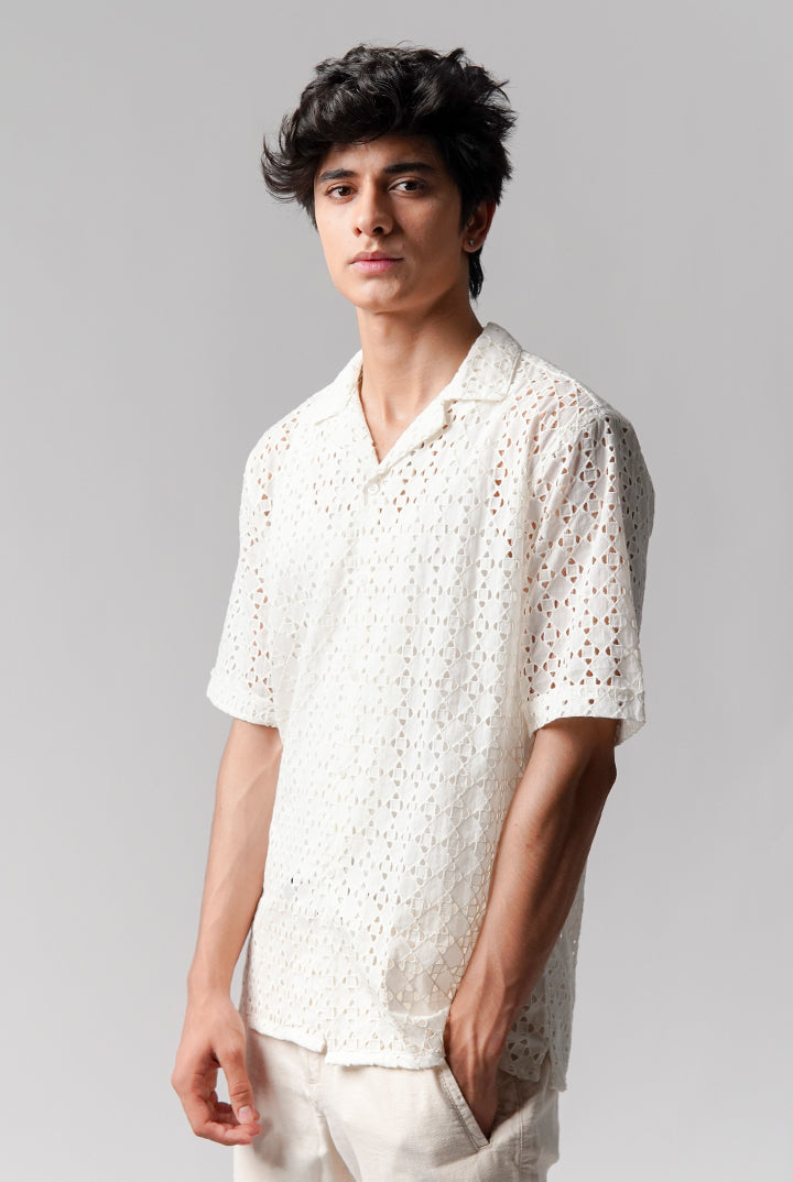 Embroidered Cuban Shirt - White - Mendeez