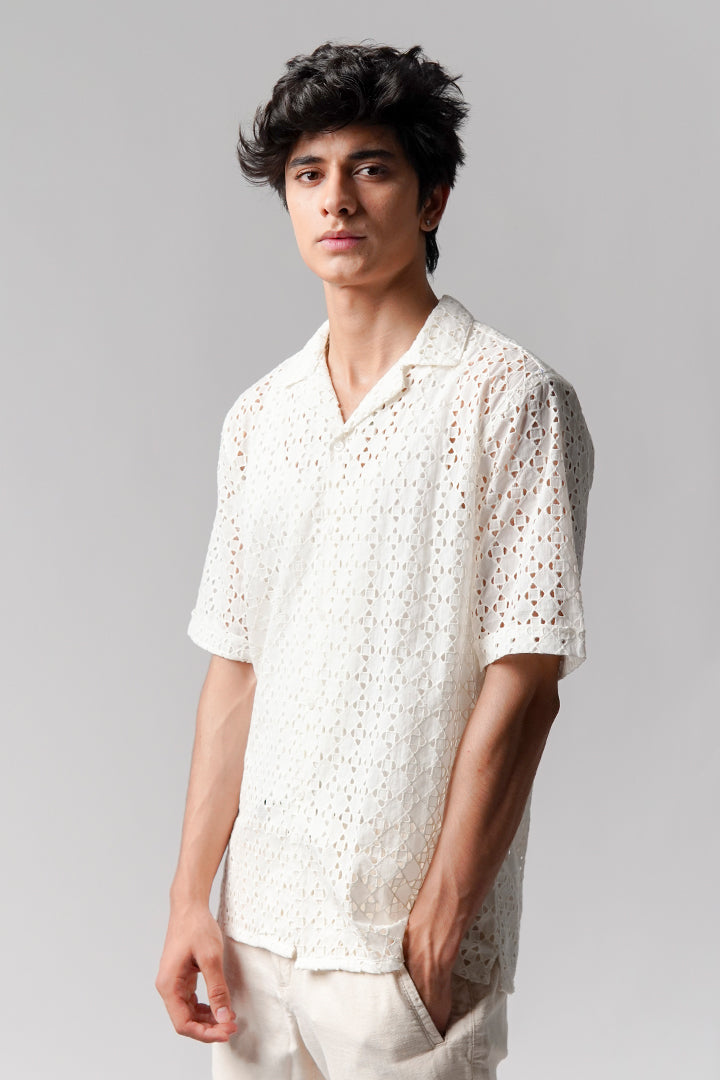 Embroidered Cuban Shirt - White - Mendeez