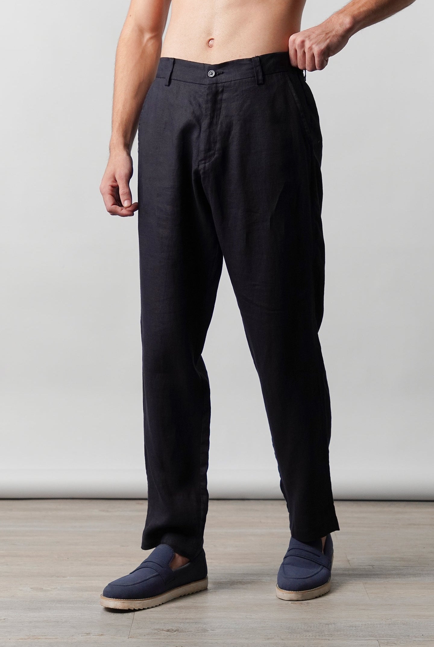 Straight Fit Linen Pants - Navy Blue - Mendeez
