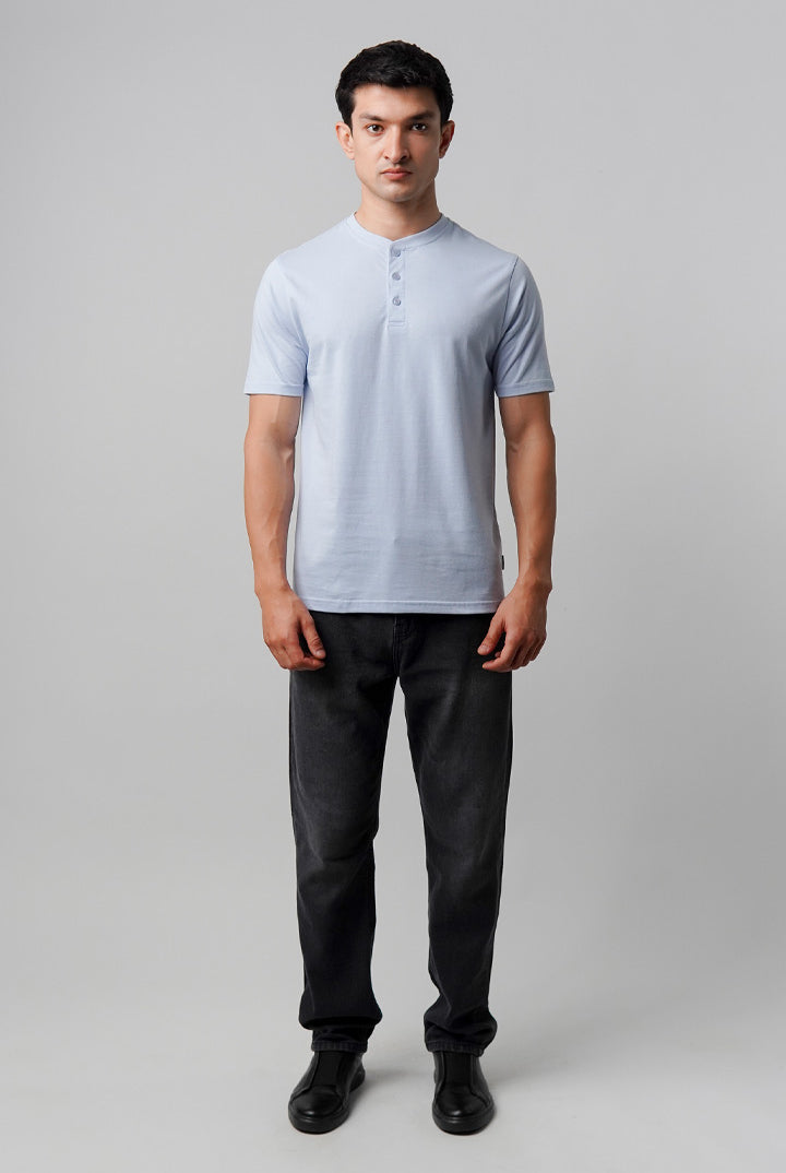 Regular Fit Henley T-Shirt - Sky Blue - Mendeez