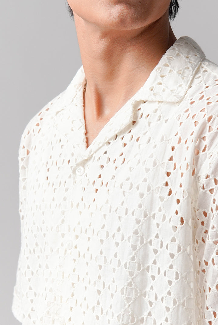 Embroidered Cuban Shirt - White - Mendeez