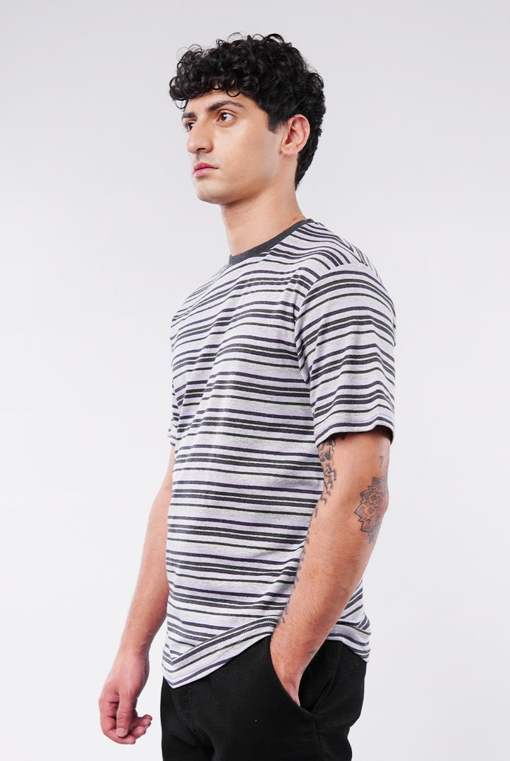 Striped Curved Hem T-Shirt - Heather Grey - Mendeez