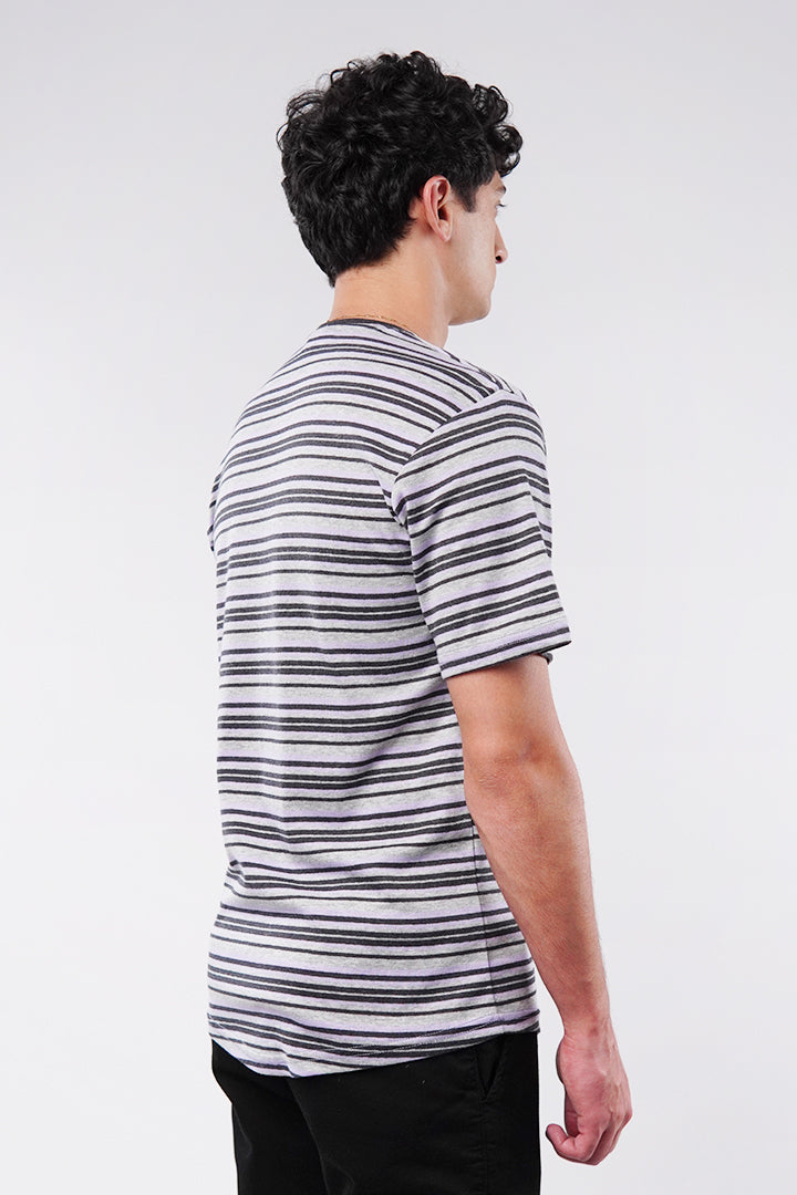 Striped Curved Hem T-Shirt - Heather Grey - Mendeez