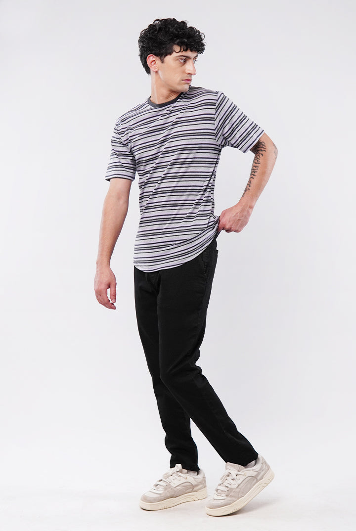 Striped Curved Hem T-Shirt - Heather Grey - Mendeez