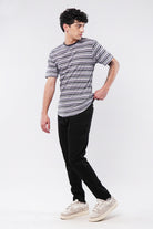 Striped Curved Hem T-Shirt - Heather Grey - Mendeez